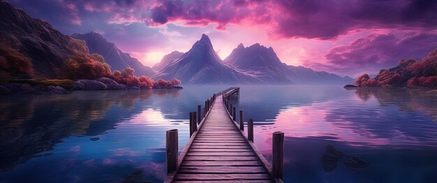 Photo une promenade en bois mène à un lac avec des montagnes en arrière-plan