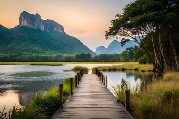 Une promenade en bois mène à un lac avec des montagnes en arrière-plan.