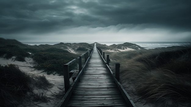 Une promenade en bois mène à une plage avec un ciel nuageux.