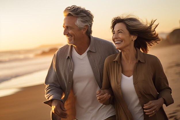 Promenade en bord de mer d'un couple d'âge moyen Golden Moments au coucher du soleil