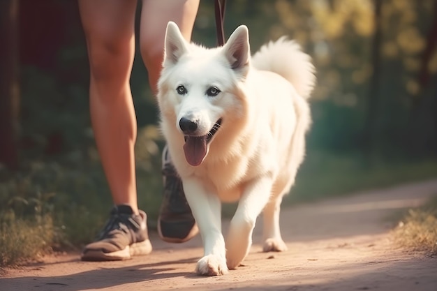 Promenade de chien blanc avec une femme dans un parc ai illustration générative