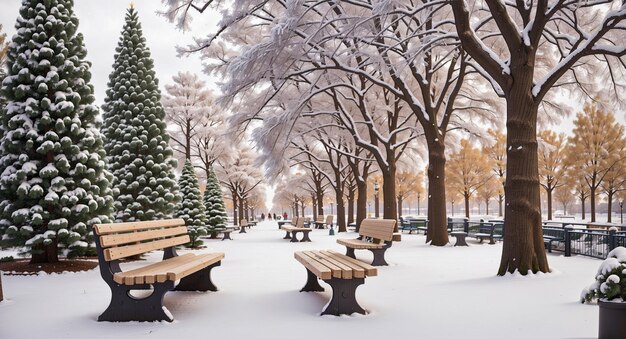 Promenade dans le parc de la ville d'hiver avec des bancs et un sapin décoré