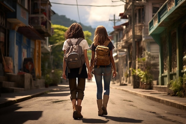 Promenade dans la rue deux filles dont une avec un ballon génératif par Ai