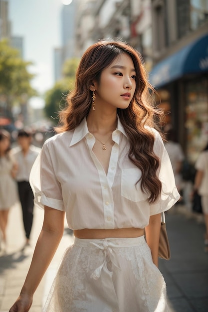 Promenade dans la rue à la mode La promenade chic d'une idole KPop photoréaliste