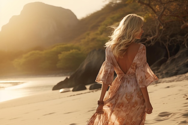 Promenade éclairée par le soleil blonde visionnaire en robe d'été sur le rivage tropical