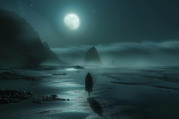 Une promenade enchanteuse au clair de lune le long d'une plage déserte