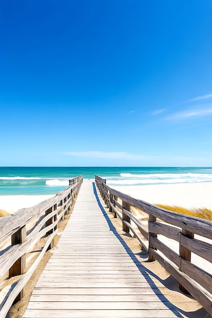 Une promenade ensoleillée s'étendant le long d'une plage de sable avec un ciel bleu éclatant