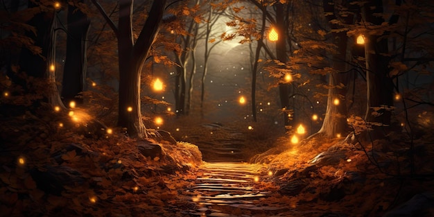 promenade en foin au clair de lune à travers une magnifique forêt avec le chemin couvert de feuilles