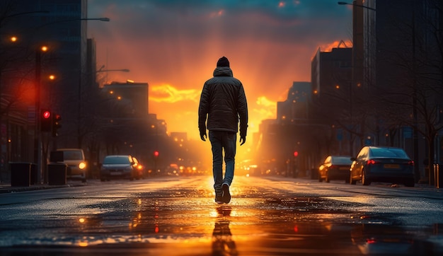 Promenade de l'heure d'or Homme marchant le long de la rue de la ville au coucher du soleil voitures lumineuses chaudes lampadaires