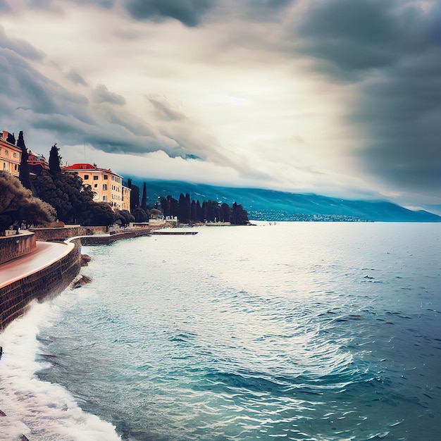 Promenade de Lovran et vue sur la côte de la mer Adriatique et du golfe de Kvarner par une journée froide et nuageuse avec des nuages orageux dans le ciel