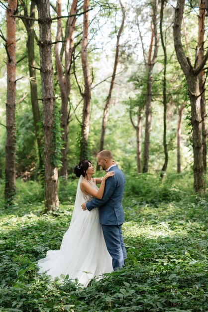 Promenade de mariage des mariés dans la forêt de feuillus en été