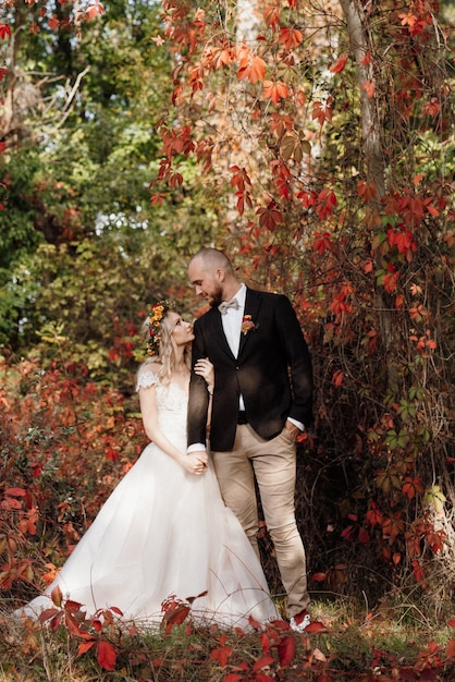 Promenade des mariés à travers la forêt d'automne