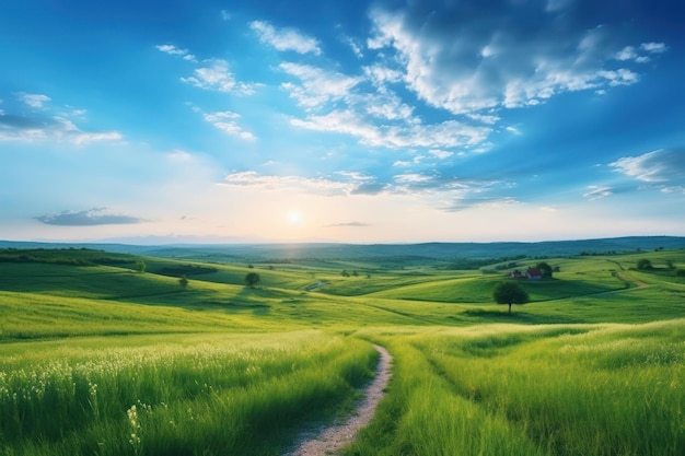 Promenade matinale sereine sur un chemin sinueux à travers une colline verdoyante