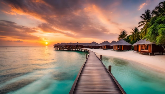 une promenade mène à une maison de plage avec un coucher de soleil en arrière-plan