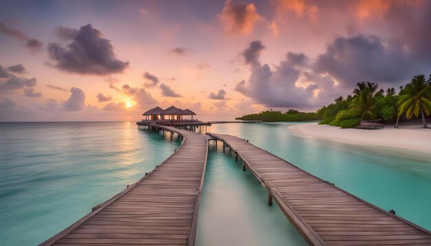 Photo une promenade mène à une plage avec une maison à l'horizon