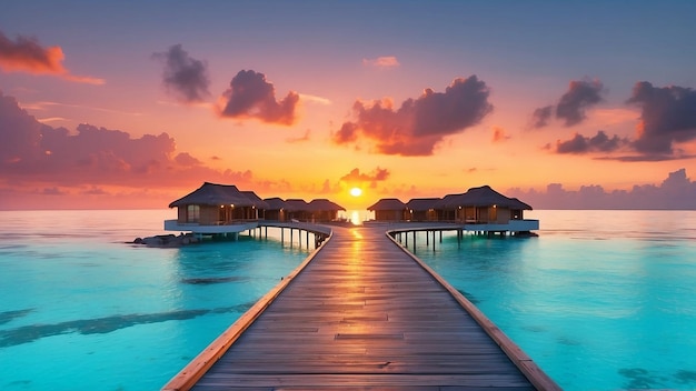 une promenade mène à une plage avec des maisons à l'horizon