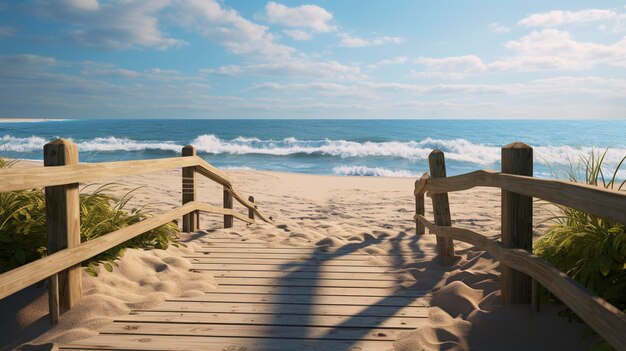 une promenade mène à la plage avec une promenade en bois menant à l'océan