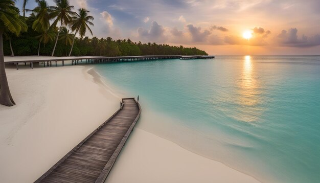 Une promenade mène à une plage et le soleil se couche.