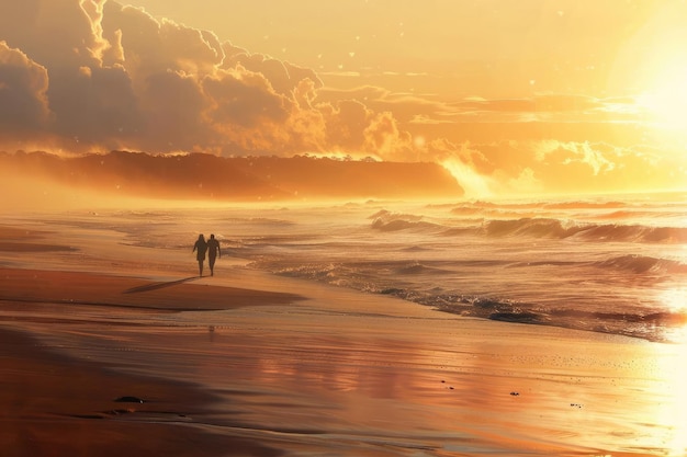 Une promenade romantique de deux amants au coucher du soleil sur la plage