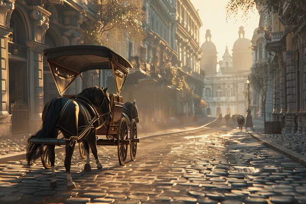 Photo une promenade romantique en voiture tirée par des chevaux à travers une ville.