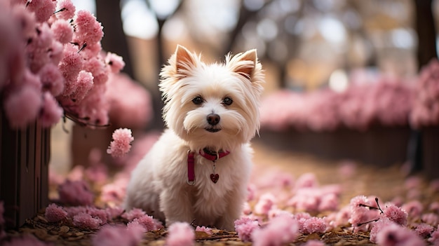 Promenant des chiens sous des cerisiers en fleurs roses