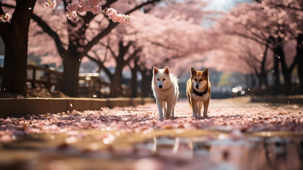 Promenant des chiens sous des cerisiers en fleurs roses