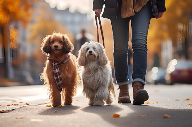 Promener des chiens en laisse dans la ville d'automne 1