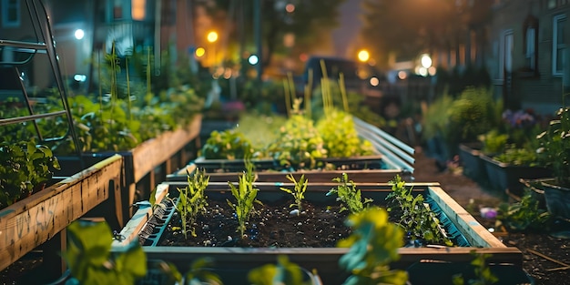 Promotion d'une vie durable Vue nocturne du jardin communautaire urbain avec des semis dans des lits surélevés Concept de jardinage urbain Communauté prospère de croissance de semis durables