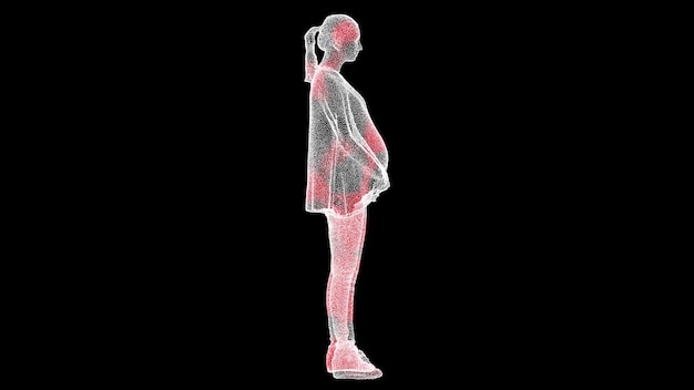 Photo propagation du virus à travers le corps volumétrique de la personne enceinte monochrome sur fond noir démonstration visuelle du virus dans le corps tutoriel vidéo science concept médical animation 3d