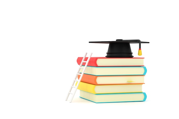 À propos de l'éducation avec une échelle posée contre une pile de livres avec un chapeau de graduation sur le dessus