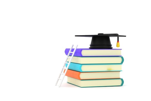 À propos de l'éducation avec une échelle posée contre une pile de livres avec un chapeau de graduation sur le dessus