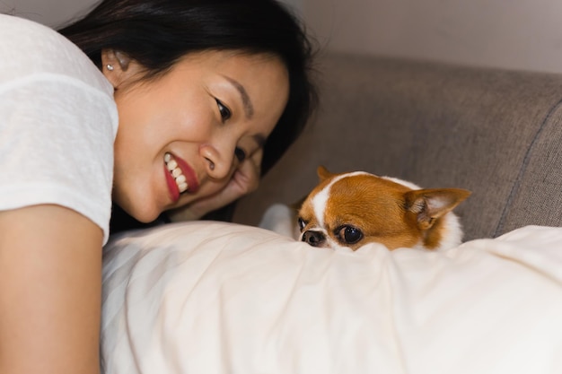 Propriétaire d'animal regardant un chien Chihuahua allongé sur un lit