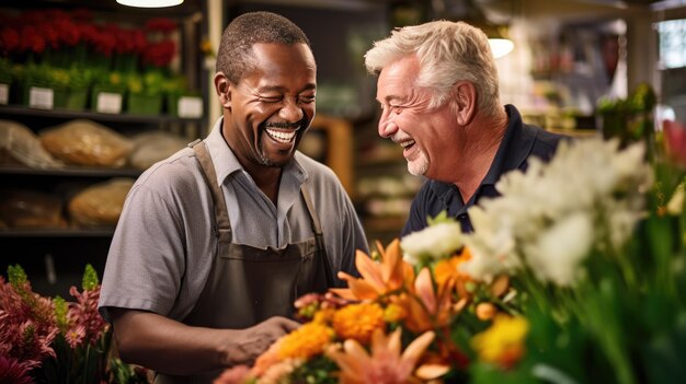 Le propriétaire d'une boutique de fleurs parle à un client pour l'aider à choisir un bouquet de fleurs