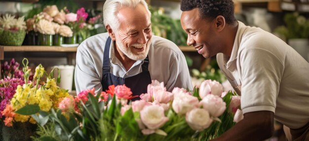 Le propriétaire d'une boutique de fleurs parle à un client pour l'aider à choisir un bouquet de fleurs