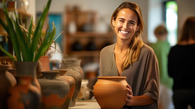 Le propriétaire d'une boutique de poterie sourit.