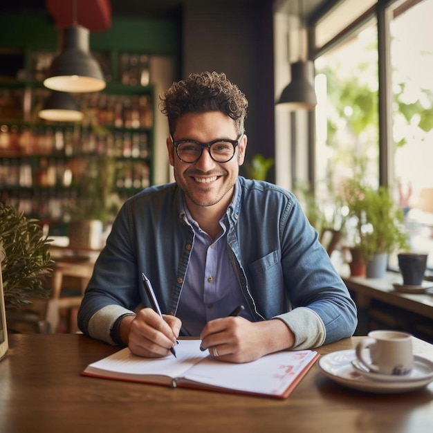 le propriétaire d'un café souriant écrit dans un journal avec un stylo au café