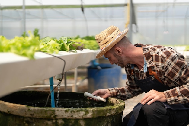 Le propriétaire du potager hydroponique vérifie la qualité des légumes et vérifie ou enregistre la croissance des légumes dans le jardin Légumes dans la serre