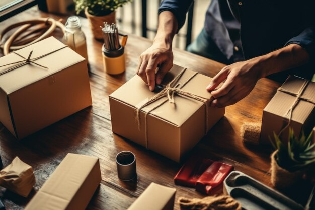 propriétaire d'entreprise entrepreneur emballage colis après boîte d'expédition préparation du colis de livraison sur la table