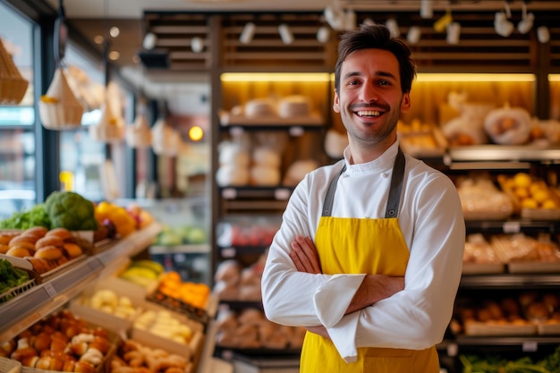 Le propriétaire d'une épicerie souriant dans les allées