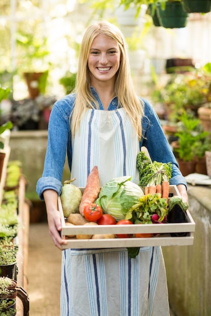 Propriétaire féminine tenant divers légumes dans une caisse