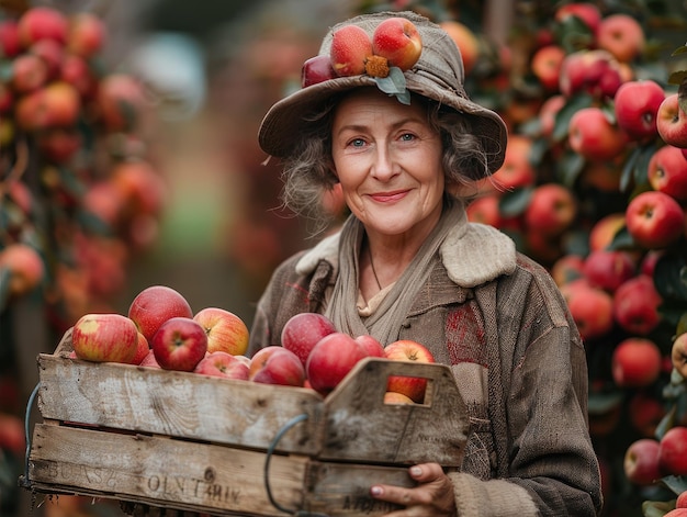 Un propriétaire de ferme tient une caisse de pommes au milieu d'un verger plein de pommes