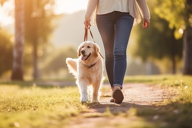 Propriétaire d'IA générative marchant avec un chien ensemble dans un parc en plein air vacances d'été Adorable domestique