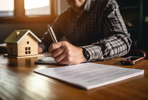 Propriétaire d'une maison tenant un stylo Concept de contrat immobilier Document de signature d'un contrat de prêt hypothécaire