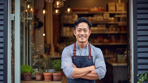 Propriétaire d'une petite entreprise asiatique souriant à la porte d'entrée avec les bras croisés Generative Ai