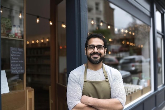 Un propriétaire de petite entreprise portant un tablier se tenait devant son magasin Generative ai