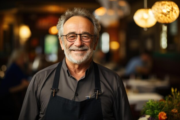 Propriétaire de restaurant âgé souriant Portrait professionnel dans un cadre d'affaires