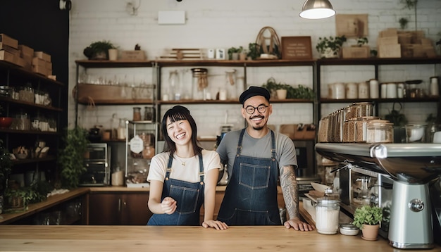 Propriétaires de café debout derrière le comptoir Illustration générative ai