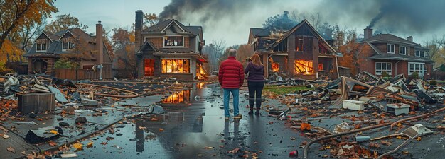 Photo propriétaires un homme et sa femme inspectant leur maison et leur jardin carbonisés et détruits à la suite d'un incendie