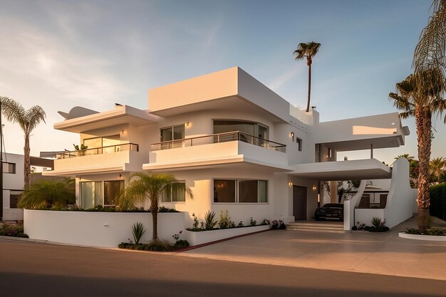 Photo une propriété résidentielle blanche avec un paysage tropical luxuriant au premier plan avec des palmiers
