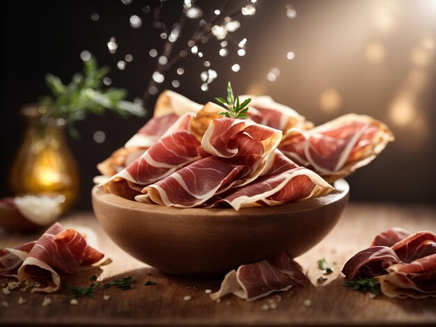 Prosciutto di Parma italien tranché délicieux jambon ingrédient premium photo publicitaire cinématographique